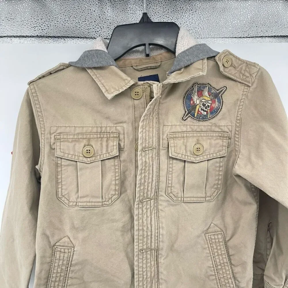 GAP Kids Boy’s Khaki Beige Embroidered Utility Cotton Full Zip Hooded Jacket 8